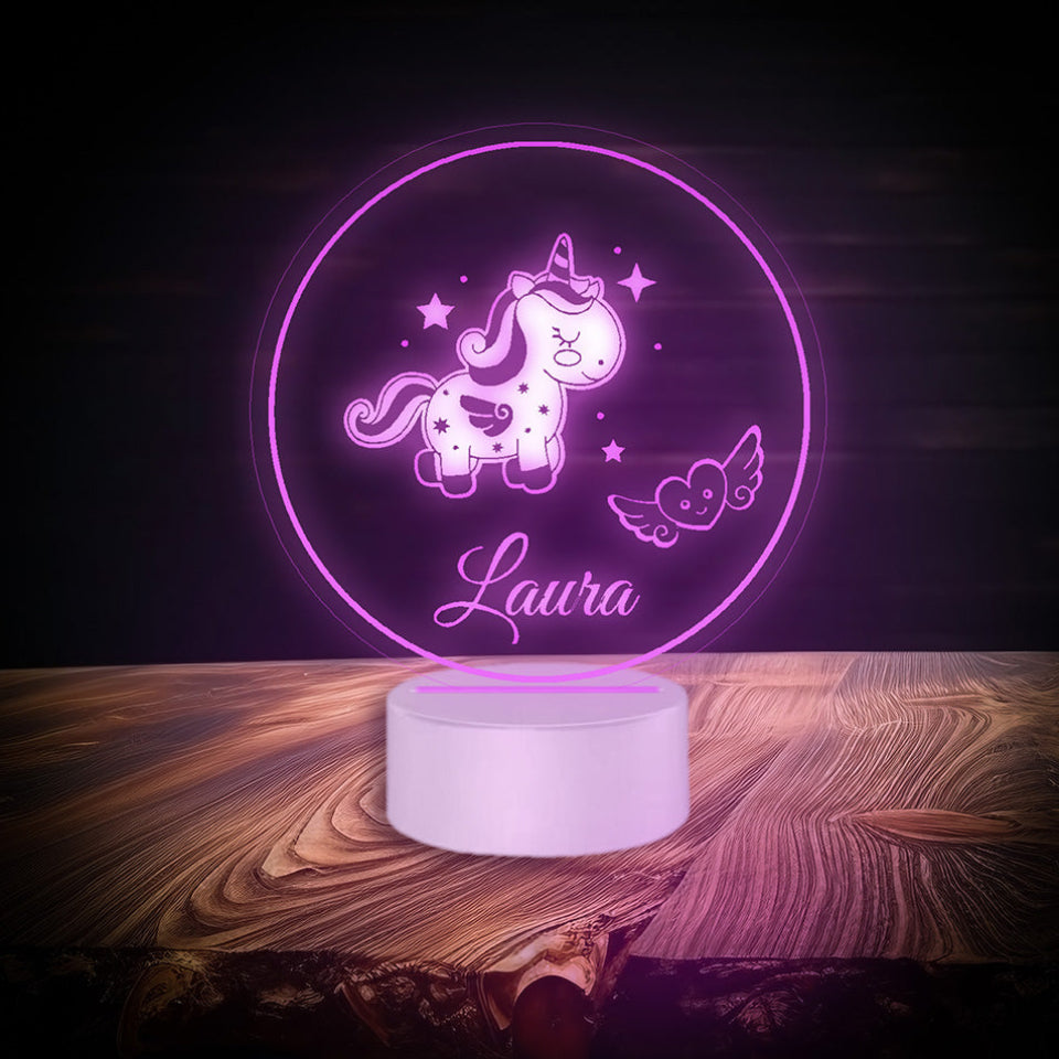 A multicolored LED unicorn lamp named powered by USB or batteries, featuring a controller for light settings.