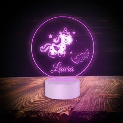 A multicolored LED unicorn lamp named powered by USB or batteries, featuring a controller for light settings.