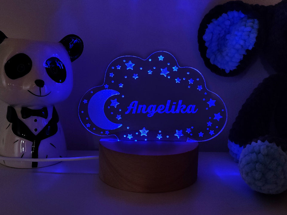 Multicolor 3D night light, LED powered by USB or batteries, includes a controller for adjustable settings.