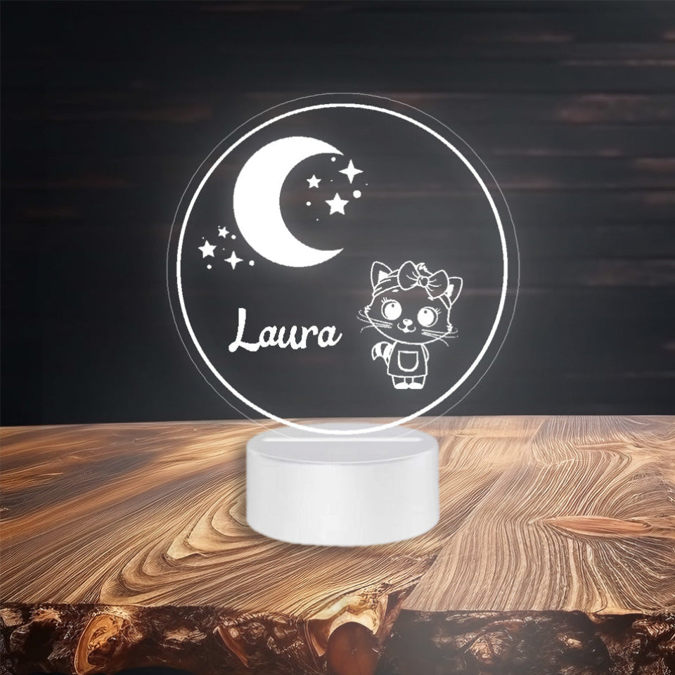 A multicolor LED night lamp with the name  powered by USB or batteries, featuring a controller for light settings.