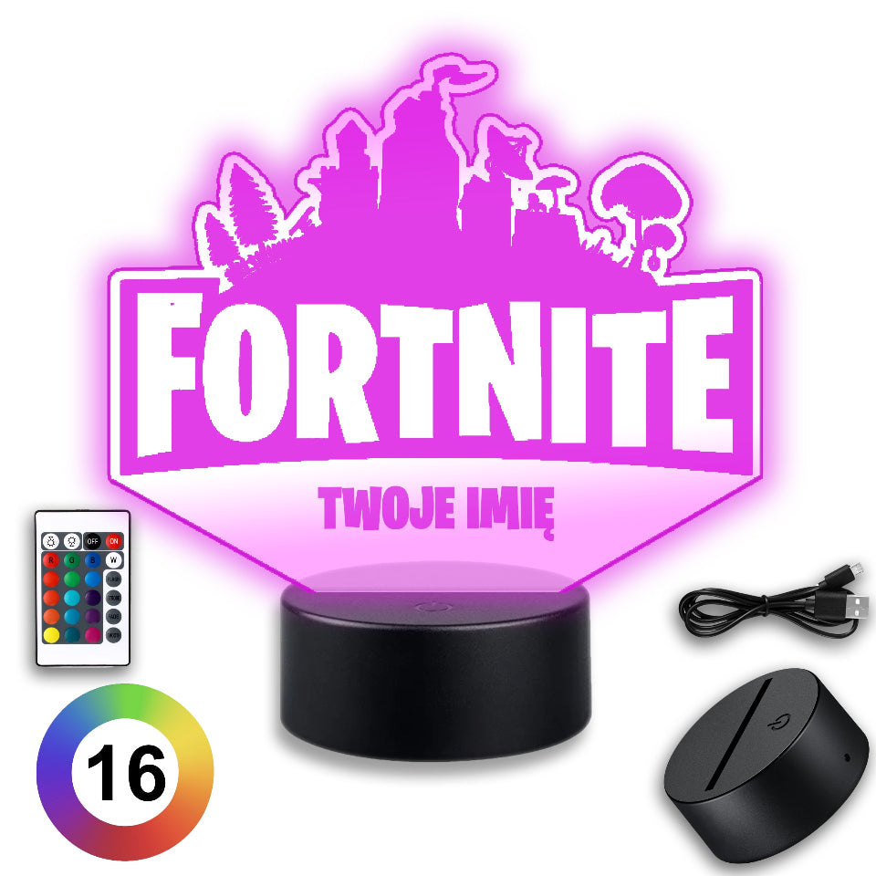  Lampka nocna LED z logo Fortnite, z pilotem, zmieniająca kolory, zasilana kablem lub na baterie.
