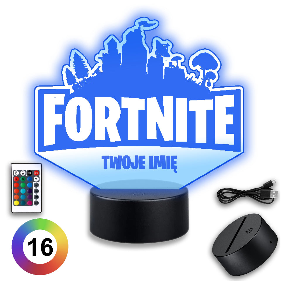 Fortnite logo on a multicolored LED table lamp, powered by USB or batteries, featuring a controller for light settings.