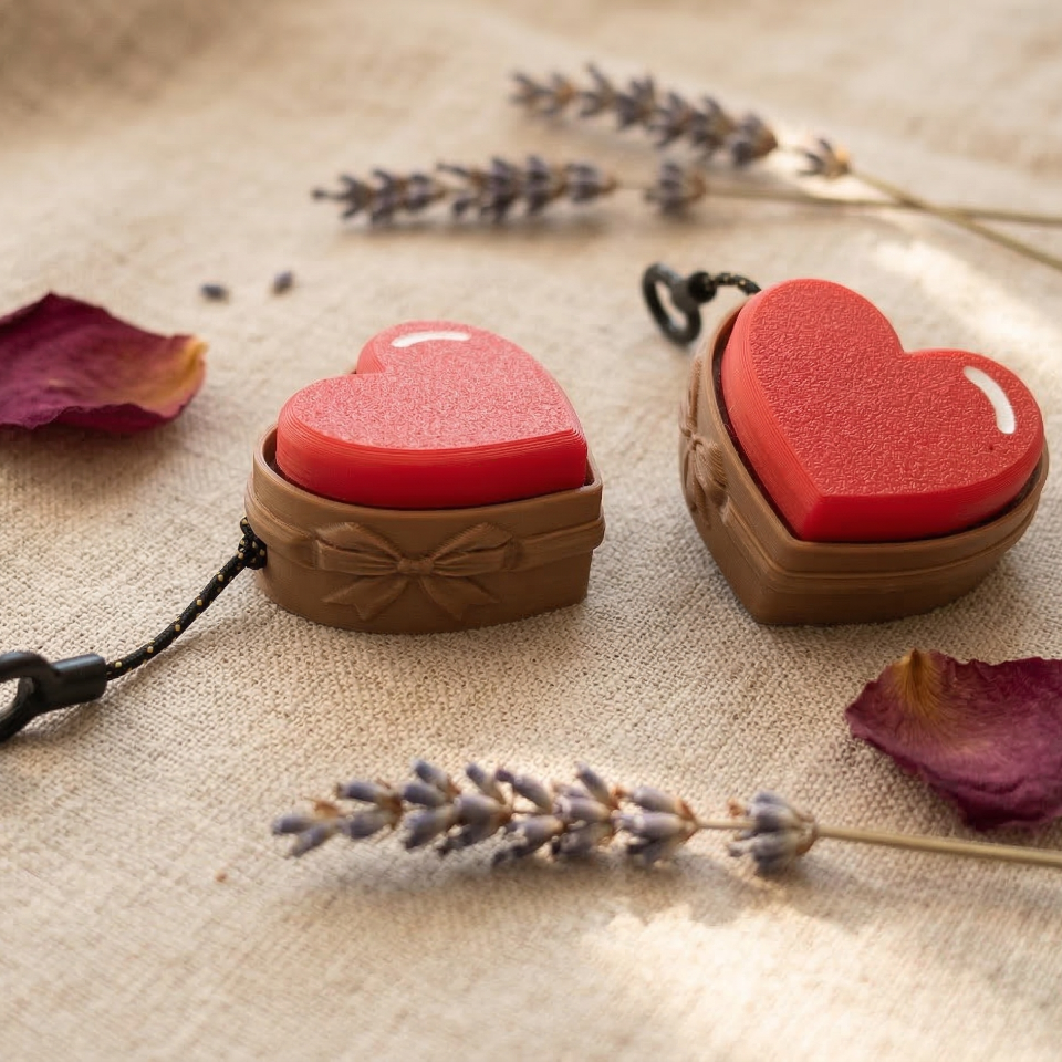 Heart-shaped red and brown keychain on a textured surface with lavender and petals.