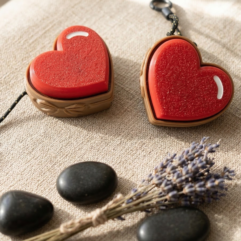 Red heart-shaped keychains on a textured surface with stones and lavender.