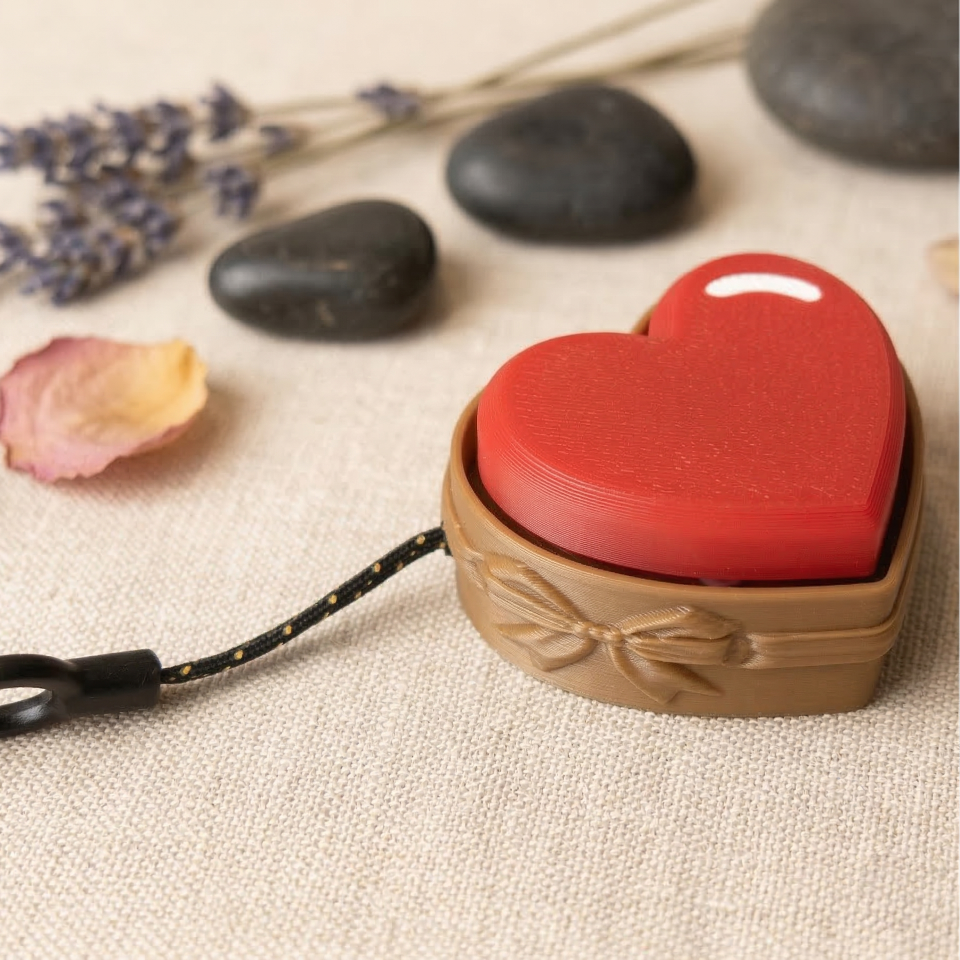Heart-shaped red container with a brown lid on a textured surface with stones and lavender.