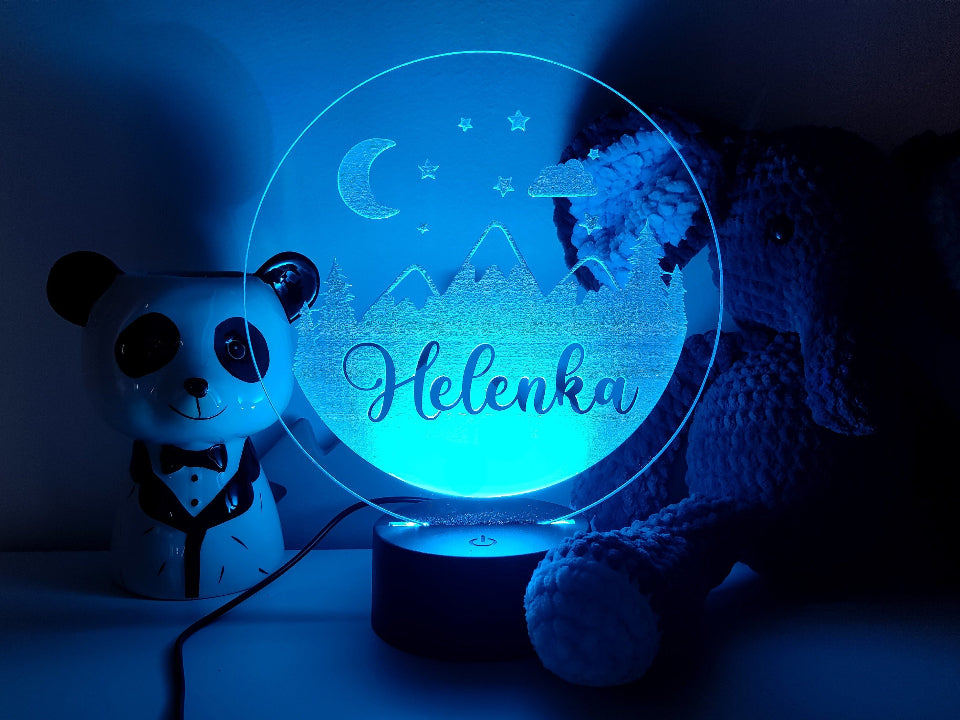 Custom night light displaying  with multicolor LED options, powered by USB or batteries, and includes a controller.