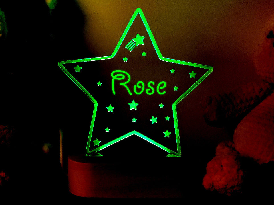  Custom name star night light, multicolour LED, USB or battery powered, includes a controller for adjustable settings.