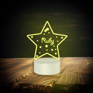 Personalised star night light with multicolour LED, USB or battery powered, featuring a controller for easy operation.