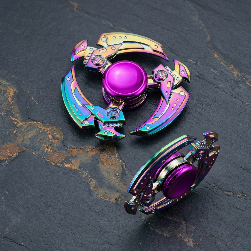 Two colorful fidget spinners on a dark textured surface