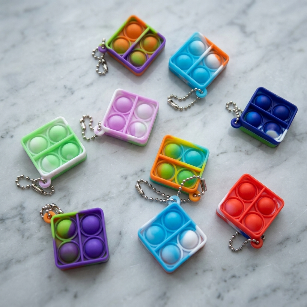 Colorful pop-it fidget toys on a marble surface