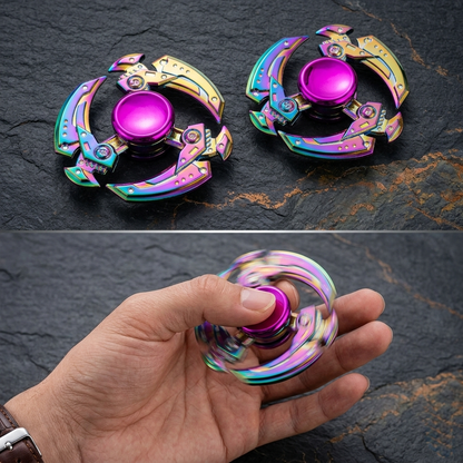 Two rainbow-colored fidget spinners on a dark surface with a hand holding one.