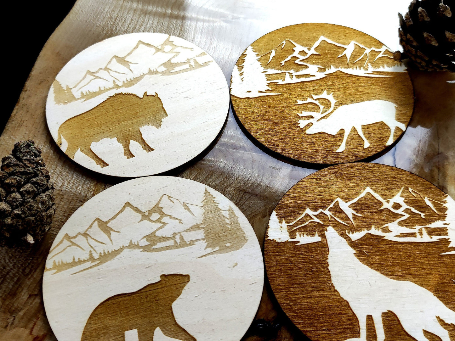 Forest wild animals wood coasters