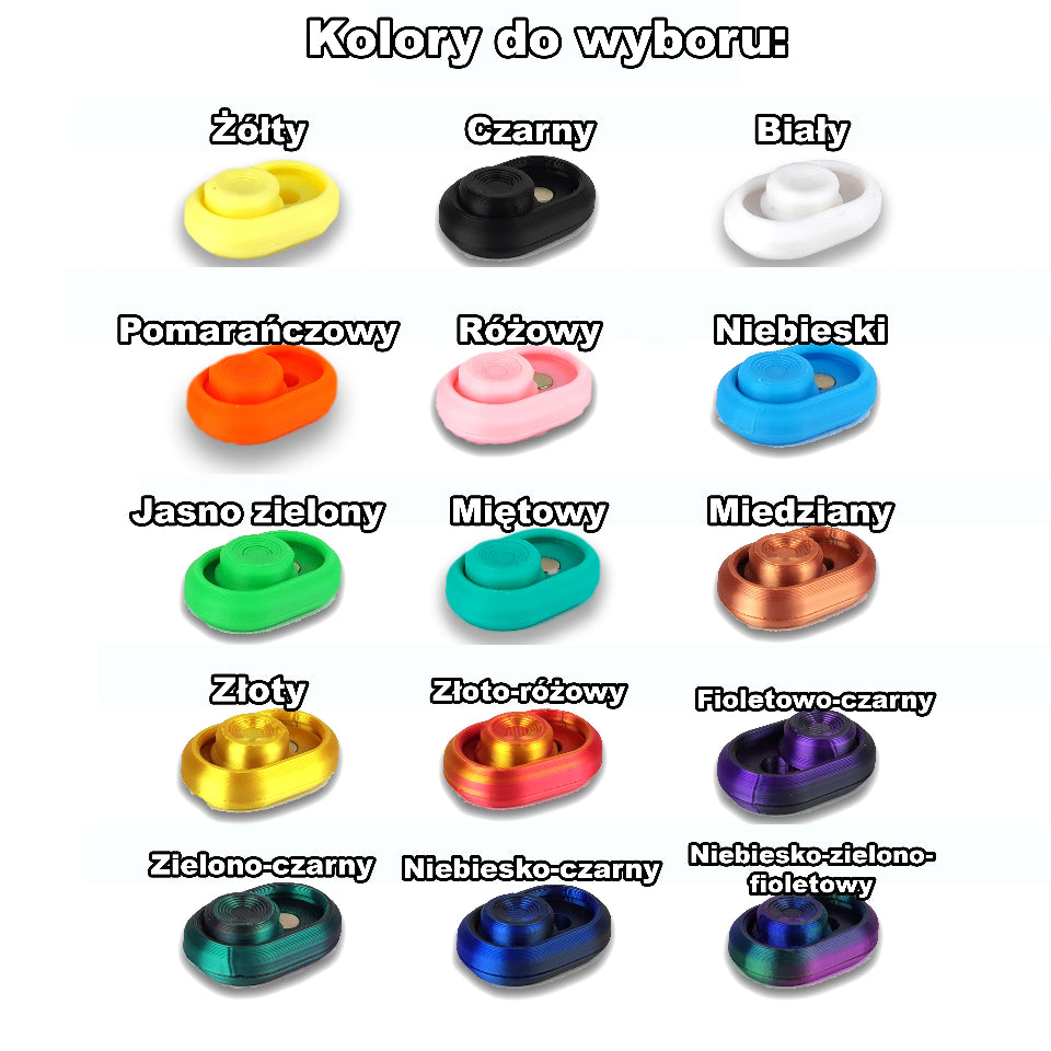 lang:pl Color options for small round metal objects displayed with labels in a grid layout.