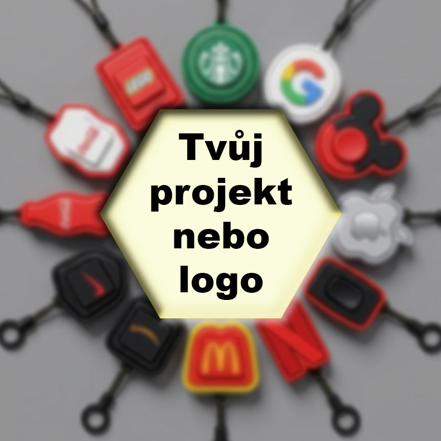 lang:cs Various brand logo keychains arranged around a hexagonal card with text in a foreign language.